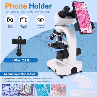 Microscope for Adults & Kids,40-2500X Binocular Microscope for Students, School Lab & Home Schooling,Equiped with Mechanical Stages,Slides Set & Phone Holder - Image 4