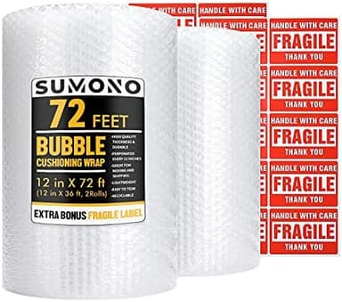 Bubble Cushioning Wrap Roll, Sumono 12 Inch x 72 Feet Total [2 Rolls of 36 Feet] Bubble Roll Perforated 12 Inch Included 20 Fragile Sticker Label - Image 3