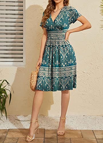 WEACZZY Sundresses for Women Casual Floral Summer Dress Short Sleeve Paisley Print Sun Dress V-Neck Swing Flowy Dresses with Pockets, Blue Khaki,XL - Image 4