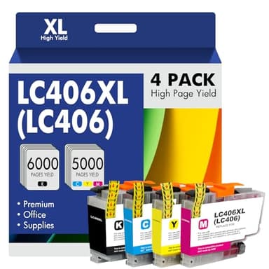 LC406 LC406XL Ink Cartridges for Brother Printer 406XL LC 406 XL for MFC-J4335DW MFC-J5855DW MFC-J6555DW MFC-J4535DW MFC-J6955DW MFC-J4345DW MFC-J5955DW - 4 Pack High Yields Black Cyan Magenta Yellow - Image 1