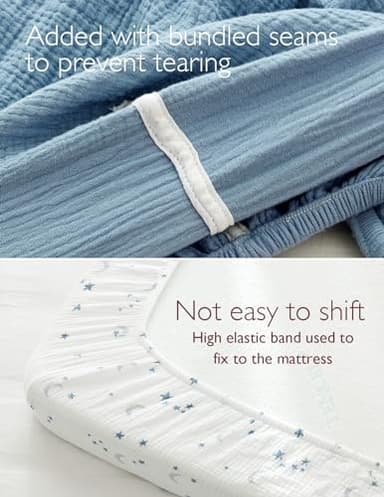 Momcozy Muslin Fitted Mini Crib Sheets, 38''x26'', 2 Pack Soft Breathable Natural Cotton Baby Mattress Sheet, 360° Mattress Wrapping No Slip Boys Girls Neutral Toddler Bed Sheet, Blue Star Moon - Image 4