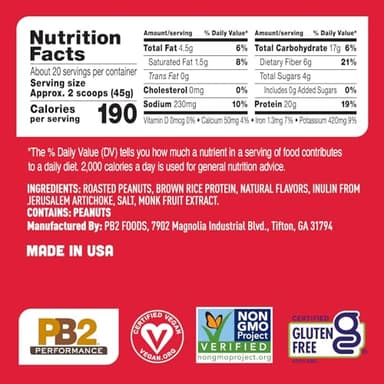 PB2 Performance Peanut Plant Based Vegan Protein Powder | 20g Complete Protein, No Added Sugar, Prebiotic Fiber | Dairy Free, Certified Vegan, Non-GMO, Gluten Free [Peanut w/Madagascar Vanilla, 2LB] - Image 7