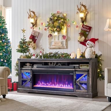 OKD Fireplace TV Stand for 85" TV, 33" Tall Highboy Farmhouse Entertainment Center w/ 42'' Electric Fireplace & LED Light, Rustic Media Console w/Sliding Barn Door for Living Room, Drak Rustic Oak - Image 1
