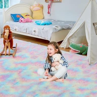Fluffy Colorful Rug for Living Bedroom, Rainbow Fluffy Soft Plush Area Rugs for Girls Bedroom, Fuzzy Nursery Rug for Baby's Toddler's，Clorful Room Decor for Teenage, Easy-Cleaning, Non Shedding, 3X4 - Image 2