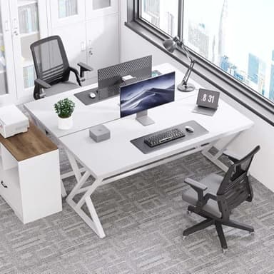 LVB White Computer Desk, Modern Wood Home Office Desk for PC Writing Work, Metal Wooden Executive Workstation Student Simple Desk, Computer Study Gaming Bedroom Table, 55 Inch, White Oak - Image 5