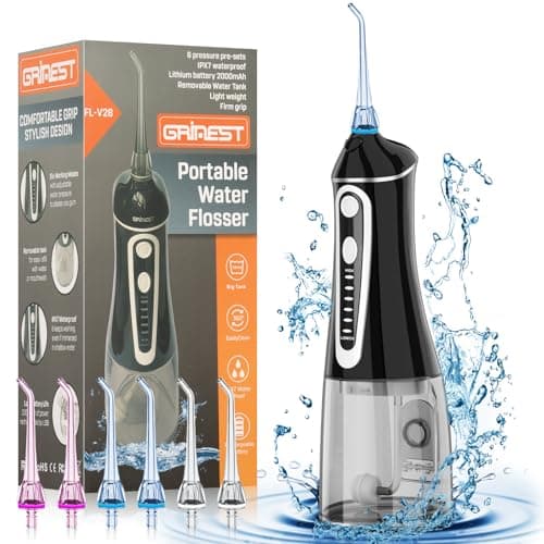 Water Dental Flosser Pick for Teeth,Grinest Cordless Water Dental pik Teeth Cleaner 7 Modes Rechargeable Oral Irrigator Portable IPX7 Waterproof Tooth flossing Cleaning for Home Travel-Black - Image 1
