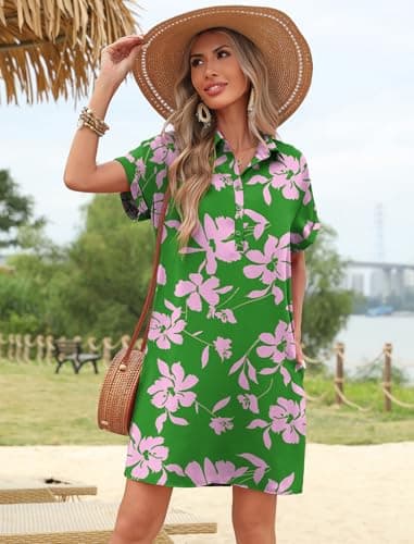 HOTOUCH Loose Fit Dresses for Women 2025 Summer Beach Button Down Short Sleeve Dress Fashion Cover Up Sundress Green XL - Image 4