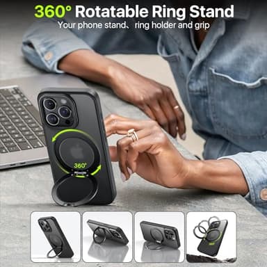 QTlier case for iPhone 15promax, 360 Rotatable Ring Stand, Raised Camera Frame, Shockproof with MagSafe Black - Image 4