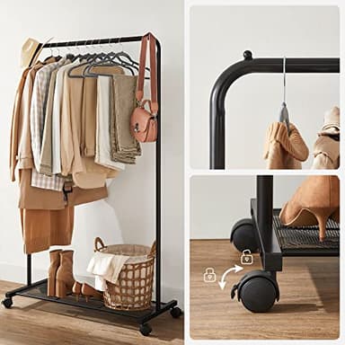 SONGMICS Clothes Rack with Wheels, Clothing Rack for Hanging Clothes, 25.4 mm Metal Garment Rack with Dense Mesh Storage Shelf, 110 lb Load Capacity, 2 Brakes, Black UHSR25BK - Image 8