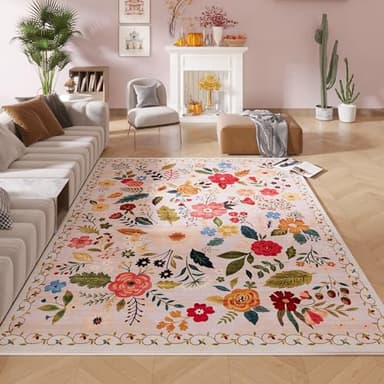 Rugcomf Area Rugs 9x12 Living Room Clearance Washable Boho Rug Non Slip Floral Vintage Low Pile Large Rug for Living Room, Bedroom, Farmhouse, Dining Room, Kids Playroom(Beige) - Image 6