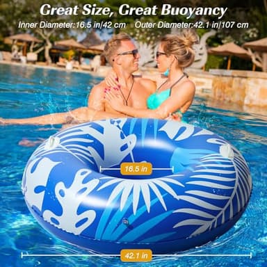 HeySplash Pool Tubes for Adult, 42 Inch Large Pool Floats with Handles, Inflatable Swim Rings Lounge, Hawaii Fun Swim Floaties Swimming Pool Beach Lake River Party Decoration Toys, Blue+White Leaves - Image 2