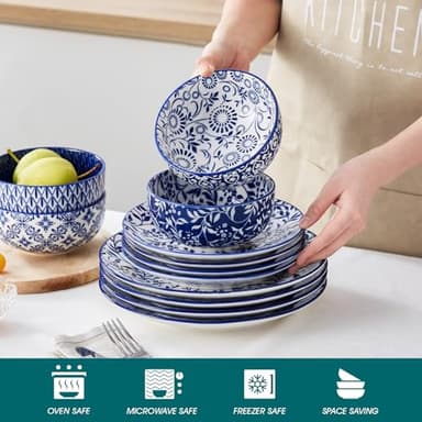 vancasso SELENE Plates and Bowls Set for 4, 12 Pieces Dinnerware Sets, Mircowave and Dishwasher Safe Dishes Set, Porcelain Blue Dinnerware - Image 3