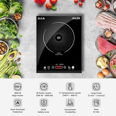 Portable Induction Cooktop, iSiLER 1800W Sensor Touch Electric Induction Cooker Hot Plate with Kids Safety Lock, 6.7" Heating Coil, 18 Power 17 Temperature Setting Countertop Burner with Timer - Image 2