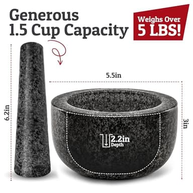 Priority Chef Heavy Duty Mortar and Pestle Set, 1.5 Cup, 100% Granite, Non Slip Base, Make Fresh Guacamole, Salsa, Pesto, Stone Grinder Bowl, Herb Crusher, Spice Grinder, 5.5 Inch - Black - Image 3