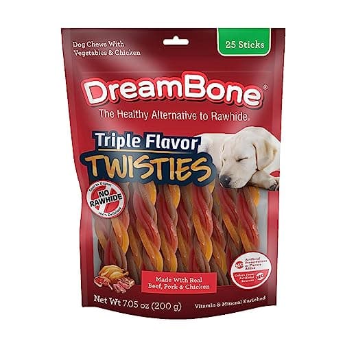 Dreambone Triple Flavor Twisties, 25 Count, Rawhide-Free Dog Chews Made with Real Beef, Pork & Chicken, 7.05 Ounce (Pack of 1) - Image 1