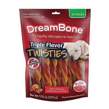 Dreambone Triple Flavor Twisties, 25 Count, Rawhide-Free Dog Chews Made with Real Beef, Pork & Chicken, 7.05 Ounce (Pack of 1) - Image 1