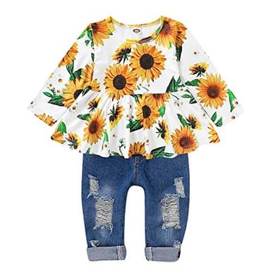 CARETOO Girls Clothes Outfits, Cute Baby Girl Floral Long Sleeve Pant Set Flower Ruffle Top - Image 1