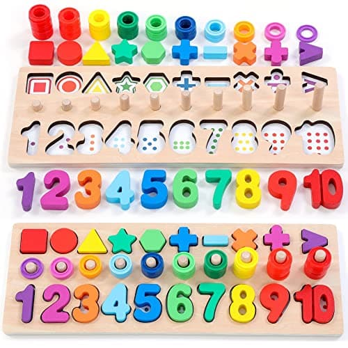 GeroCrew Wooden Montessori Toys for Kids Toddler Number Puzzles Sorter Counting Shape Stacker Stacking Game Preschool Toys for Boy Girl Learning Education Math Blocks Year Old Girl Gifts (Rainbow) - Image 1