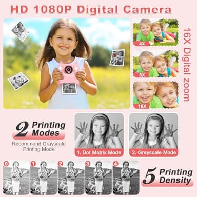 Instant Print Camera for Kids - Christmas Birthday Gift Toy for Girl Boy Age 3-9, Children Selfie Digital Cameras with Cartoon Soft Silicone Cover, Print Black White Photo with 32GB Card (Pink) - Image 4