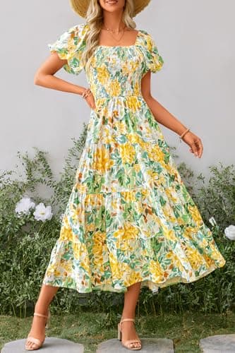 PRETTYGARDEN Women's Casual Summer Midi Dress Puffy Short Sleeve Square Neck Smocked Tiered Ruffle Dresses (Floral Yellow,Large) - Image 3