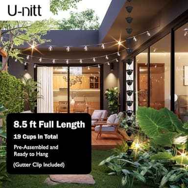 U-nitt Rain Chain Water Collection for Gutters, Rainwater Catcher & Diverter, 8.5 FT Chains for Outside Garden, Black Square Cups, Roof Downspout, Works with Heavy Rain, w/Gutter Clip for Rainchains - Image 2