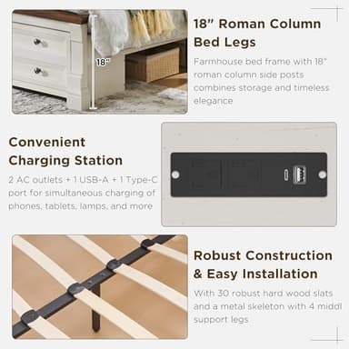 Farmhouse King Size Bed Frame with 54" Tall Storage Bookcase Headboard, Wood Platform Bed Frame with 2 Drawers & 18" Tall Roman Column Decoration Footboard, No Box Spring Needed(Antique White) - Image 8