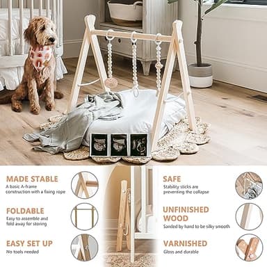 little dove Foldable Wooden Play Gym with 6 Toys - Infant Activity Gym for Baby Girls and Boys with Hanging Bar - Montessori Newborn Gift - Image 3
