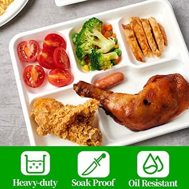 ECOLipak 100% Compostable 5 Compartment Plates, 125 Pack Disposable Paper Plates, Heavy-Duty Biodegradable Sugarcane Plates, Eco-Friendly School Lunch Trays - Image 6