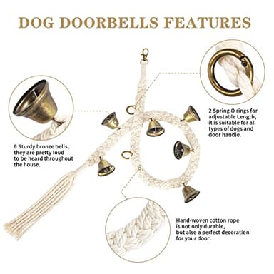 Dog Bell for Door Potty Training, Cotton Handwoven Dog Doorbell with 6 Extra Loud Bells for Dog Training, Adjustable Hanging Door Bell for Small Medium Large Dogs to Ring to Go Outside, Beige - Image 2