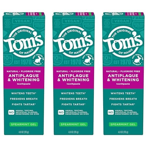 Tom's of Maine Antiplaque and Whitening Fluoride Free Natural Toothpaste Gel, Vegan, Spearmint, 4 Ounces (3 Pack) - Image 1