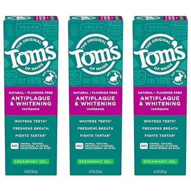Tom's of Maine Antiplaque and Whitening Fluoride Free Natural Toothpaste Gel, Vegan, Spearmint, 4 Ounces (3 Pack) - Image 1
