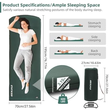 3.15" Self Inflating Camping Sleeping Pad, Ultra-Thick Elasticity Foam Fast Inflating 4-Season Insulated Durable Camping Mat Air Mattress with Pillow, for Tent, Car, Camping, Traveling, Green - Image 5