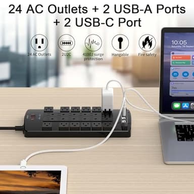 QINLIANF Surge Protector Power Strip - 6Ft Flat Plug Heavy Duty Extension Cord with 24 Outlets and 4 USB Ports(2 USB-C Ports), 1875W/15A, 4100J, for Home, Office, Dorm, ETL Listed, Black - Image 2