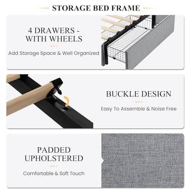 SHA CERLIN Upholstered King Size Platform Bed Frame with 4 Storage Drawers, Adjustable Headboard with Diamond Stitched Button Tufted Design, Wooden Slat Support, No Box Spring Needed, Light Grey - Image 6