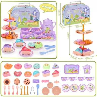 Lajeje Dinosaurs Tea Party Set for Little Girls, Pretend Plastic Teapot Set, Princess Tea Time Play Kitchen Toy with Dessert, Carrying Case for Birthday Easter Gifts Kids Toddlers Age 3 4 5 6 - Image 3