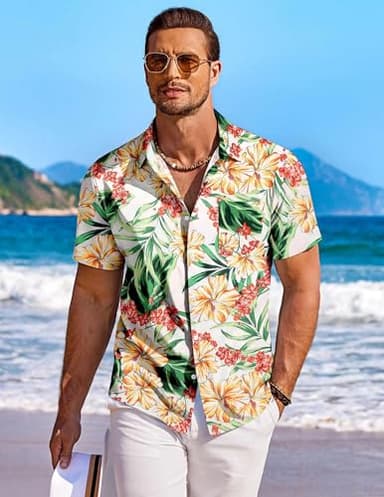 COOFANDY Mens Hawaiian Shirt for Men Short Sleeve Beach Shirts Tropical Cruise Shirt, White - Flower, XX-Large - Image 2