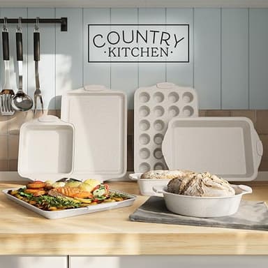 Country Kitchen Nonstick Stackable Bakeware Set - Heavy Duty, Durable, Easy Release Baking Set, Cream, 10 Pcs - Image 3