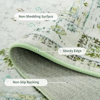 FinRèc 6x9 Rugs for Living Room, Washable Vintage Floral Bedroom Rug, Non-Slip Low Pile Area Rug, Ultra-Thin Foldable Accent Indoor Carpet for Kitchen Dining Room Kids Room Home Office - Green - Image 3