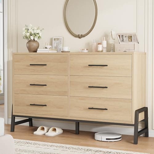 GarveeHome 6 Dresser for Bedroom, 52" Wide Drawer with Large Storage Space, Freestanding Wooden Closet Storage Dresser Chest for Living Room, Bedroom, Entryway, Natural Oak - Image 1