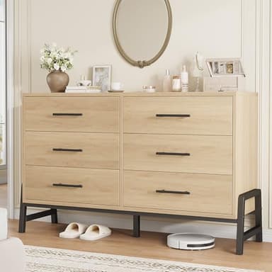 GarveeHome 6 Dresser for Bedroom, 52" Wide Drawer with Large Storage Space, Freestanding Wooden Closet Storage Dresser Chest for Living Room, Bedroom, Entryway, Natural Oak - Image 1