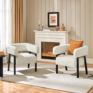Yaheetech Corduroy Barrel Accent Chair Set of 2, Modern Upholstered Armchair with Solid Wood Legs, Cozy Leisure Chair with Pocket Coiled Seat for Living Room, Bedroom, Reading Nook Beige - Image 1