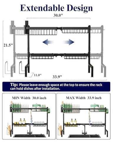 Kitsure Over The Sink Dish Drying Rack - 30.0" to 33.9" x 21.5", Adjustable Sink Drying Rack for Kitchen Sink with Multifunctional Baskets, Black - Image 2