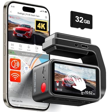 REDTIGER F4 4K Dash Cam Front, 2.2 inch Mini Car Camera, 2160P UHD Touch Screen, Voice Control, Included 32GB Card, Night Vision, Built-in GPS, WiFi APP Control, Loop Recording, 24H Parking Monitor - Image 1
