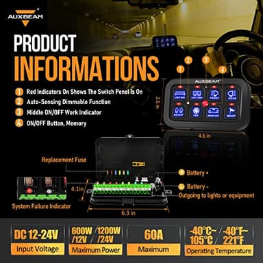 Auxbeam 8 Gang Switch Panel BA80 Automatic Dimmable LED Touch Control Panel Box Electronic Relay System Car Touch Switch Box Universal for Truck ATV UTV Boat Marine SUV Caravan -Blue, 2 Years Warranty - Image 2