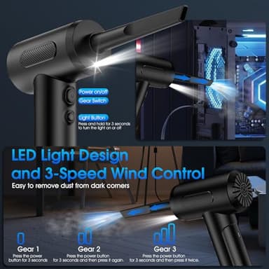 Compressed Air Duster, 100000RPM Handheld Car Vacuum/Air Blower& Pump, 3 Gear Adjustable Electric Air Duster/Car Vacuum Cleaner, Keyboard Duster with LED Light-10 Kits Air Blower for Computer(Black) - Image 4