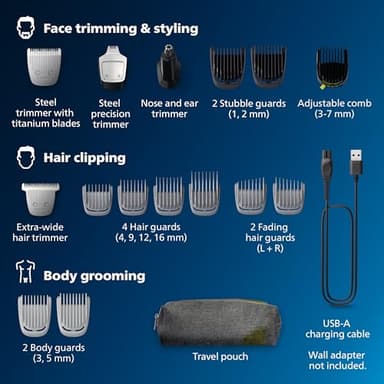 Philips Norelco Multigroom 5000 Series, All-in-One Trimmer, Beard Trimmer and Hair Clipper, 18-Piece Men's Grooming Kit for Beard, Face, Nose, Ear, Body, with Titanium Blades, Travel Pouch, MG5970/49 - Image 2