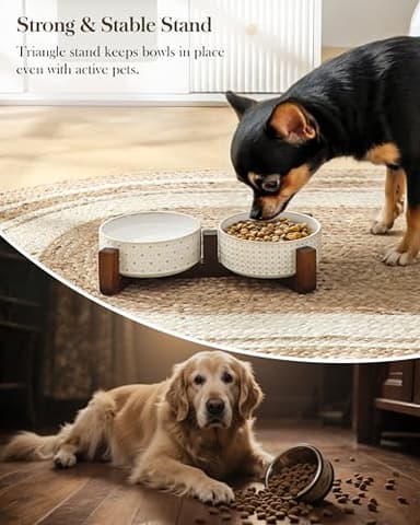 MALACASA Dog Bowl Set with Walnut Wood Stand, 1.5 Cups Ceramic Pet Bowls for Puppy Dogs, Dual Food and Water Bowls with Weighted Non-Slip Base, Basic Bowls for Your Dog or Cat, Rhombic & Polka Dots - Image 6