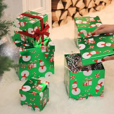 PAPER FAIR 5PCS Christmas Snowman Nesting Gift Boxes Set, Green Foil Mirror Candy Cane Lollipop Square Cardboard Nested Box w/Lid, for Gift Wrapping Holiday Present Birthday, Assorted Size - Image 7