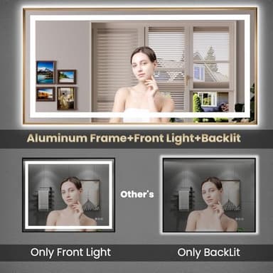Amorho 60"x 36" Gold LED Bathroom Mirror, Metal Framed Mirror with Front Light and Backlit, Stepless Dimmable, Anti-Fog, Shatter-Proof, Memory, 3 Colors - Image 8