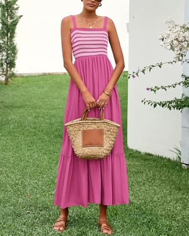 BTFBM Summer Midi Dresses for Women 2025 Spring Sleeveless Square Neck Smocked Flowy Long Beach Vacation Sundress Pocket(Rose Red, Medium) - Image 5